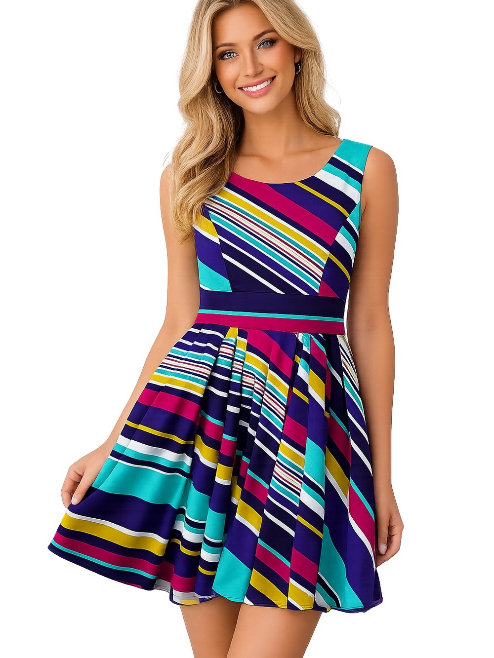 Calvin Klein Teal Navy Magenta Yellow Striped Fit & Flare Dress